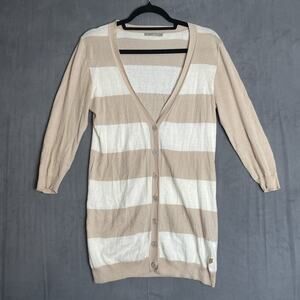 Pietro Filipi Cardigan Womens Medium Beige White Striped Long Button Lightweight